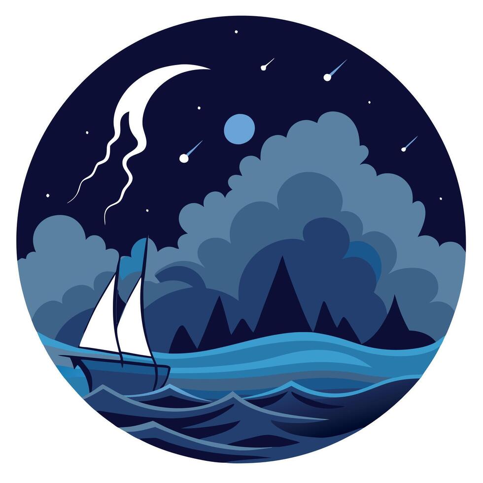 A boat sailing in the ocean at night vector