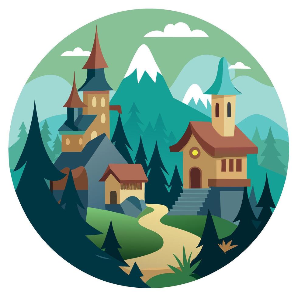 An illustration of a village in the forest vector