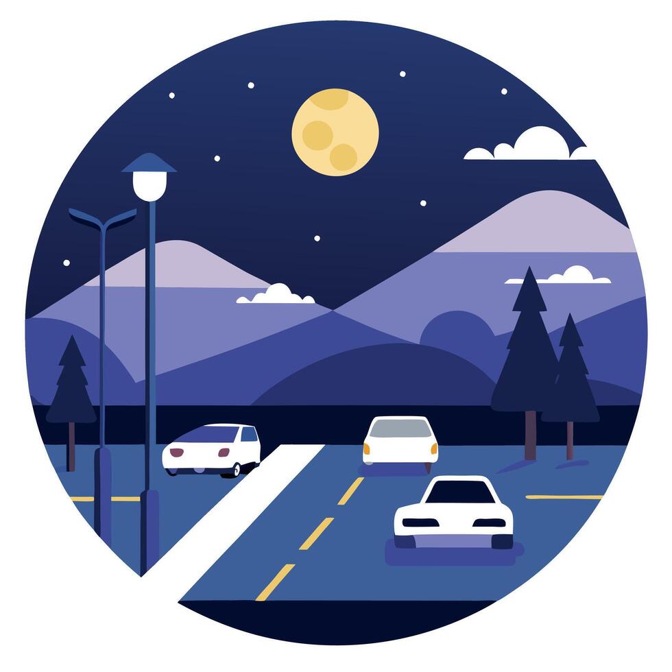 Night city street with cars and moon vector