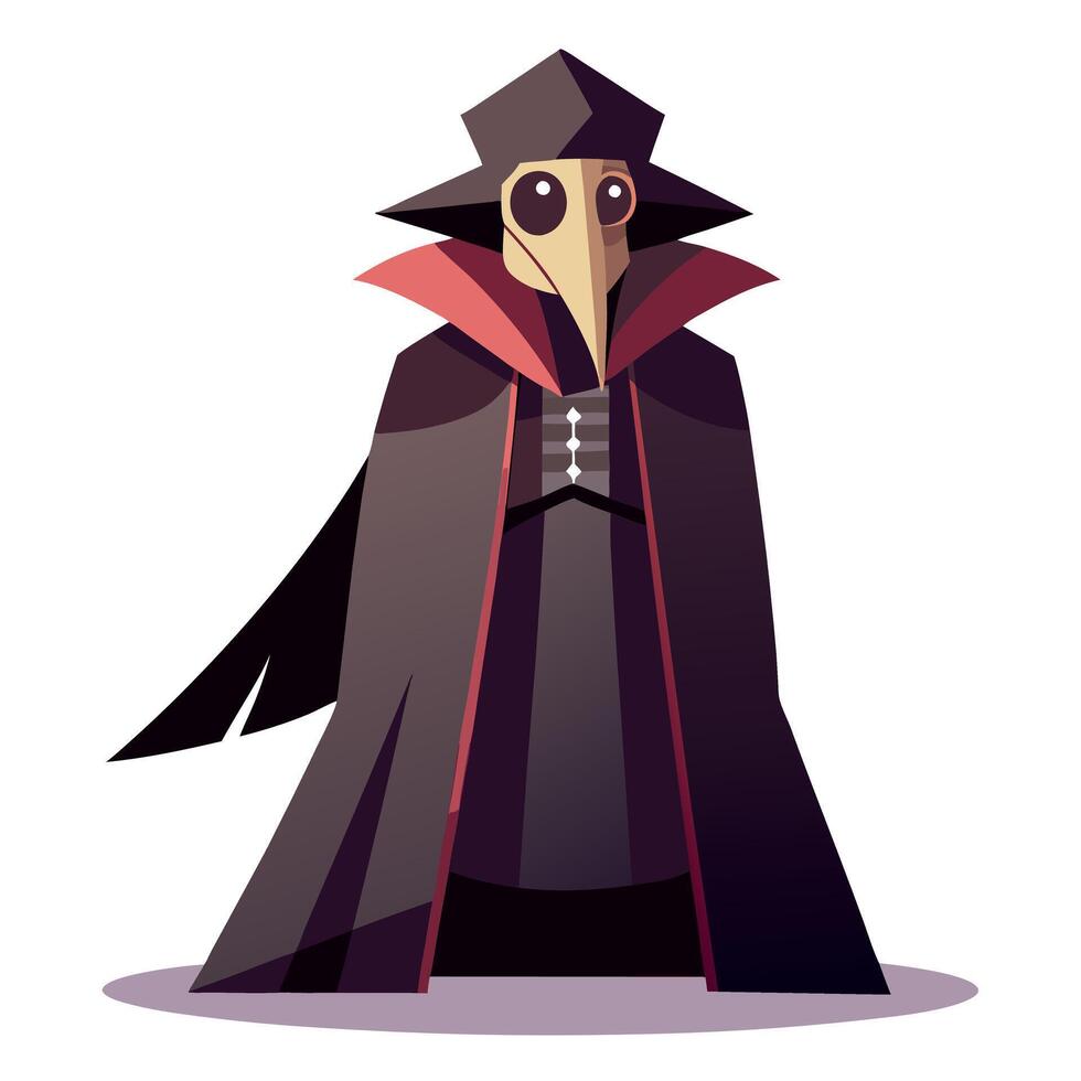 A cartoon plague doctor with a long black cloak and red cape vector