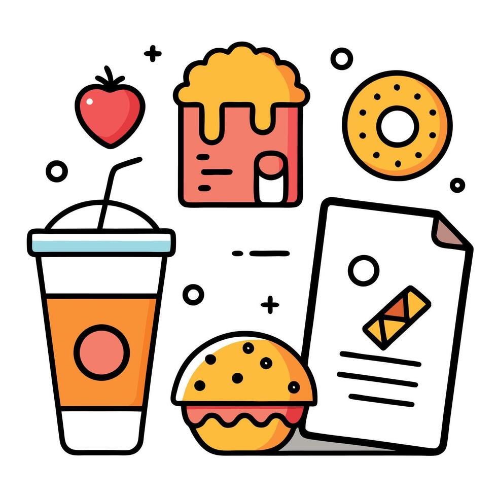 Fast food icons set, including a donut, a cup of coffee, a donut, vector