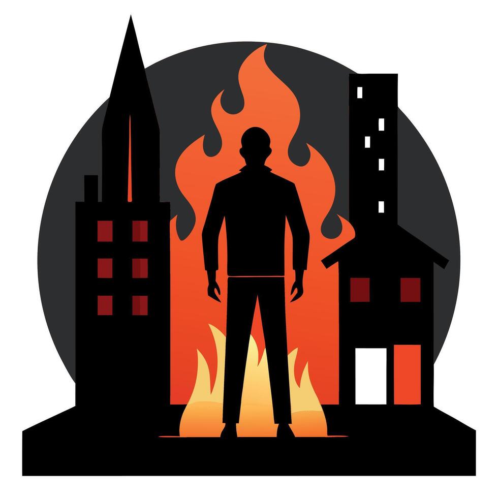 A man standing in front of a fire and buildings vector