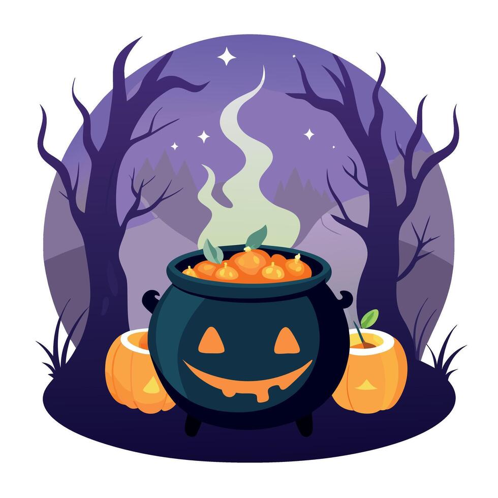 Halloween cauldron with pumpkins and witches in the background vector