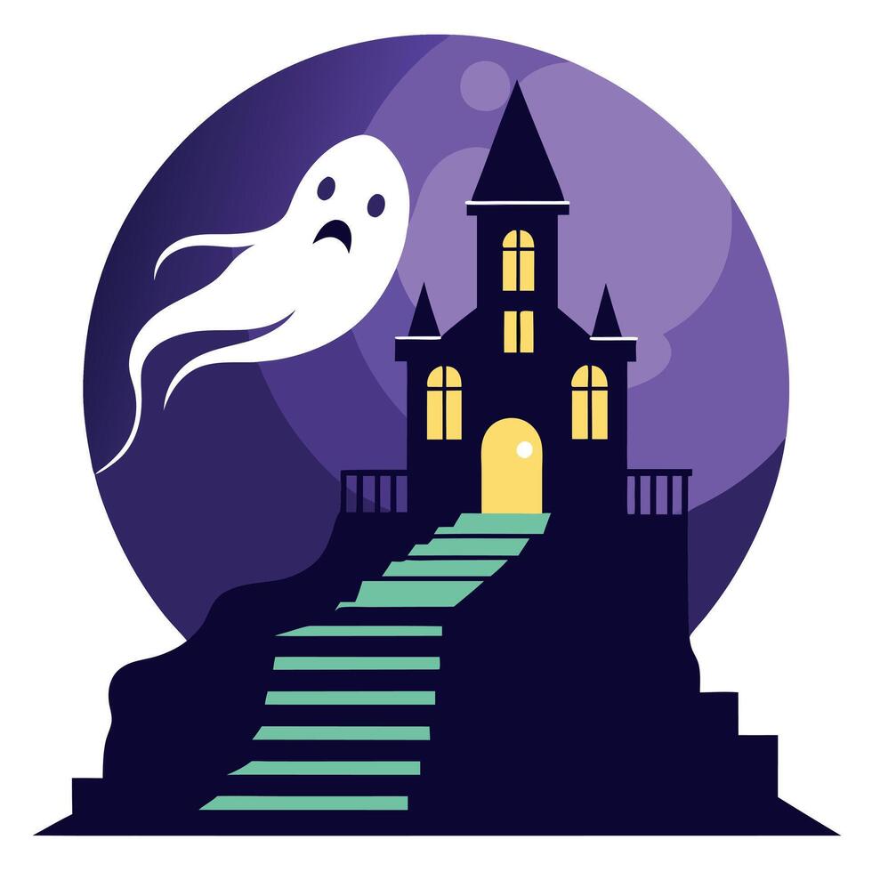Halloween ghost house with stairs and ghost vector
