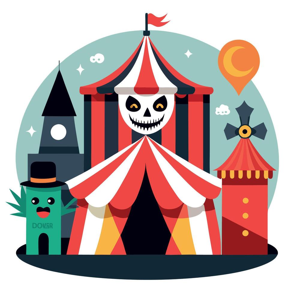 A cartoon circus tent with a skull and a monster vector