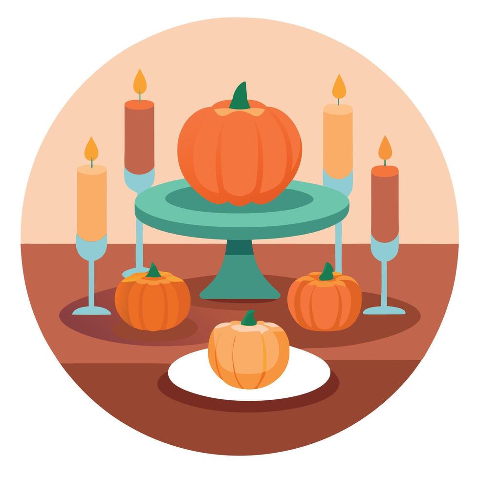 A table with pumpkins and candles on it vector