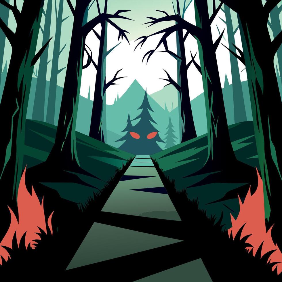 A forest path with trees and fire in the background vector
