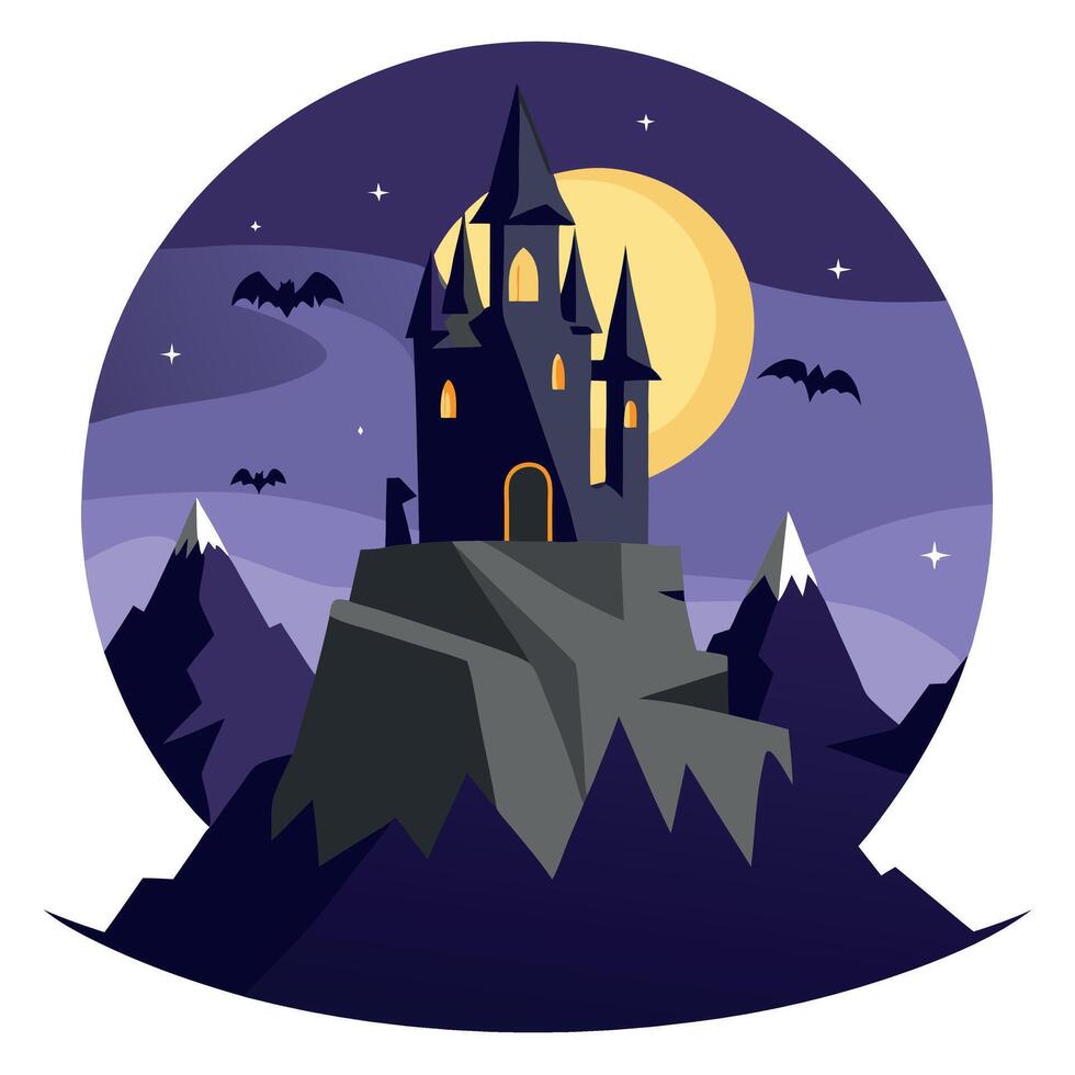 Halloween castle with bats and moon on background vector