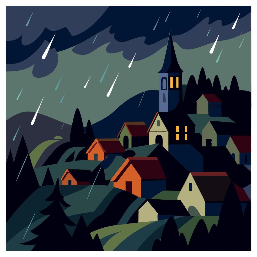 A painting of a village in the rain vector