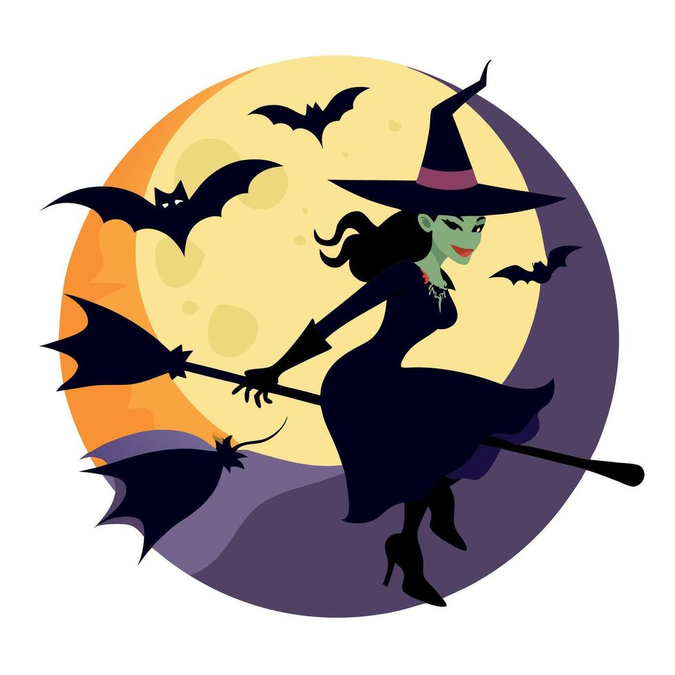 A witch flying on a broom with bats flying around her vector