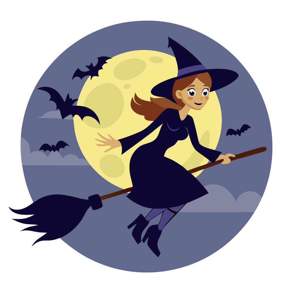 A cartoon witch flying on a broom with bats flying around her vector