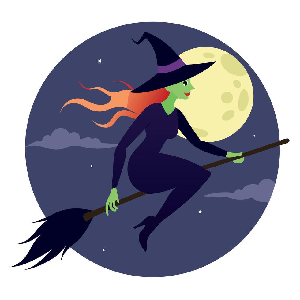 A cartoon witch flying on a broom with the moon in the background vector