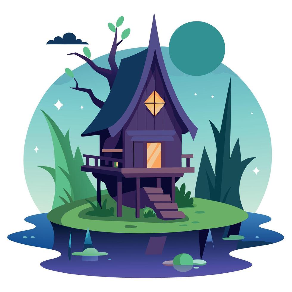 A cartoon house on an island with trees and water vector