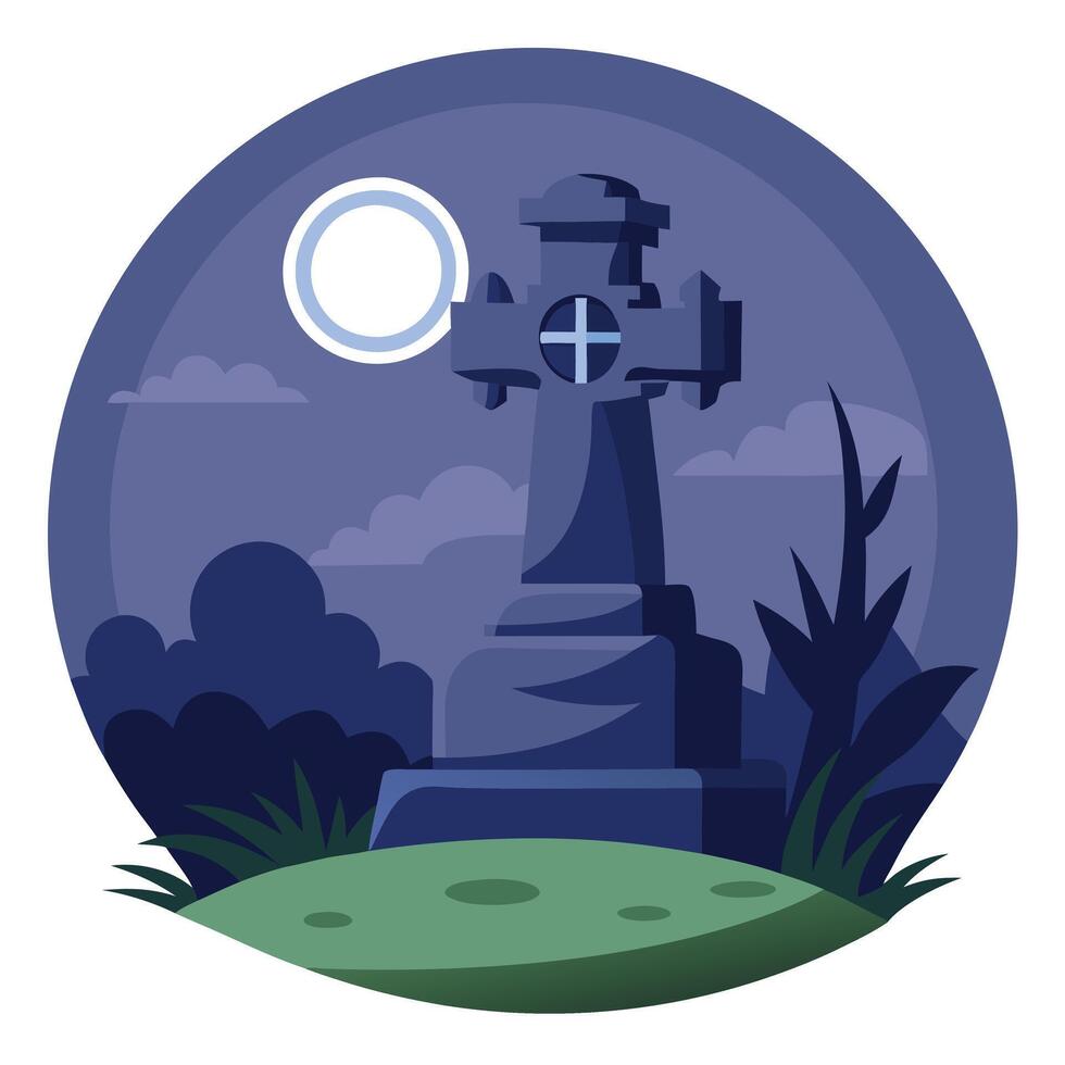 A graveyard with a cross and moon in the background vector