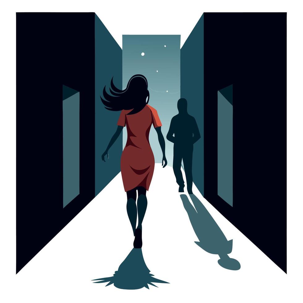 A woman walking down an alleyway with a man in the background vector