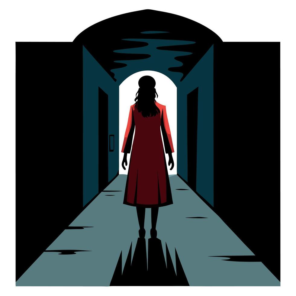 A woman in a red dress standing in an open doorway vector