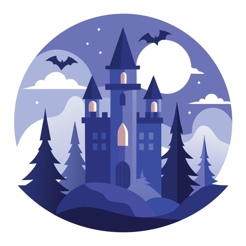Halloween castle with bats and moon in the background vector