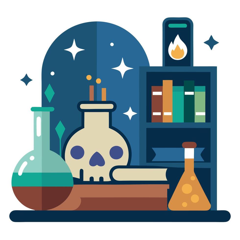 A flat illustration of a laboratory with a skull and books vector