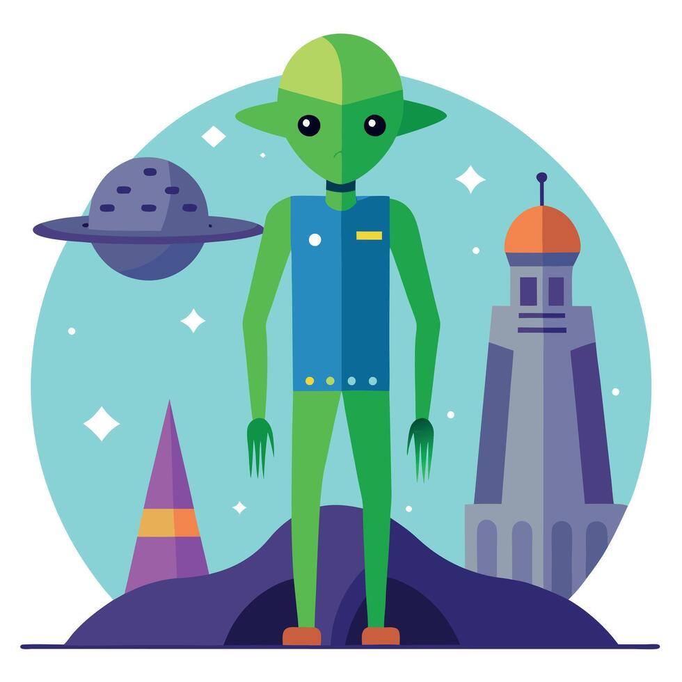 An alien standing in front of a space ship vector