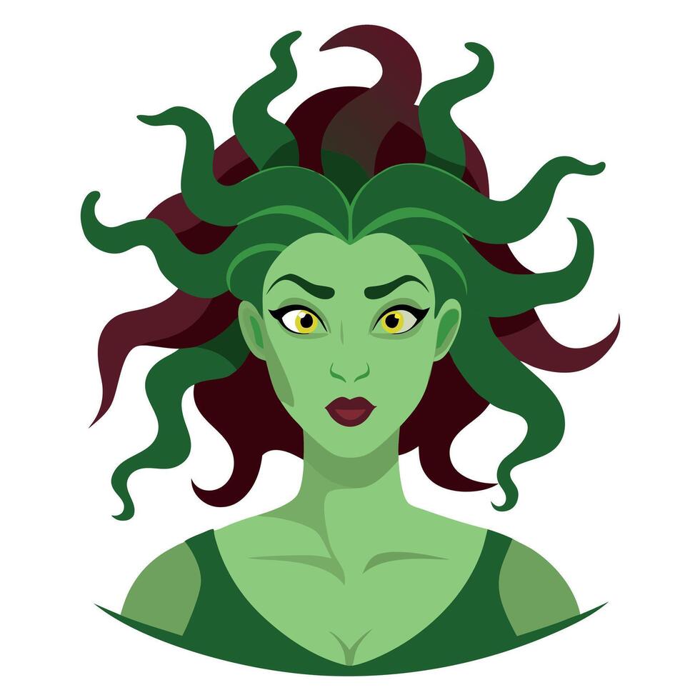 Medusa, a greek goddess of horror, with green hair and horns vector