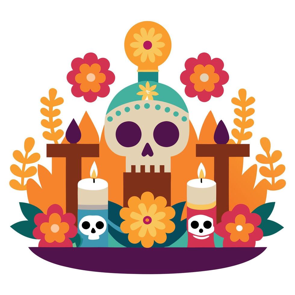 Day of the dead skull with candles and flowers vector