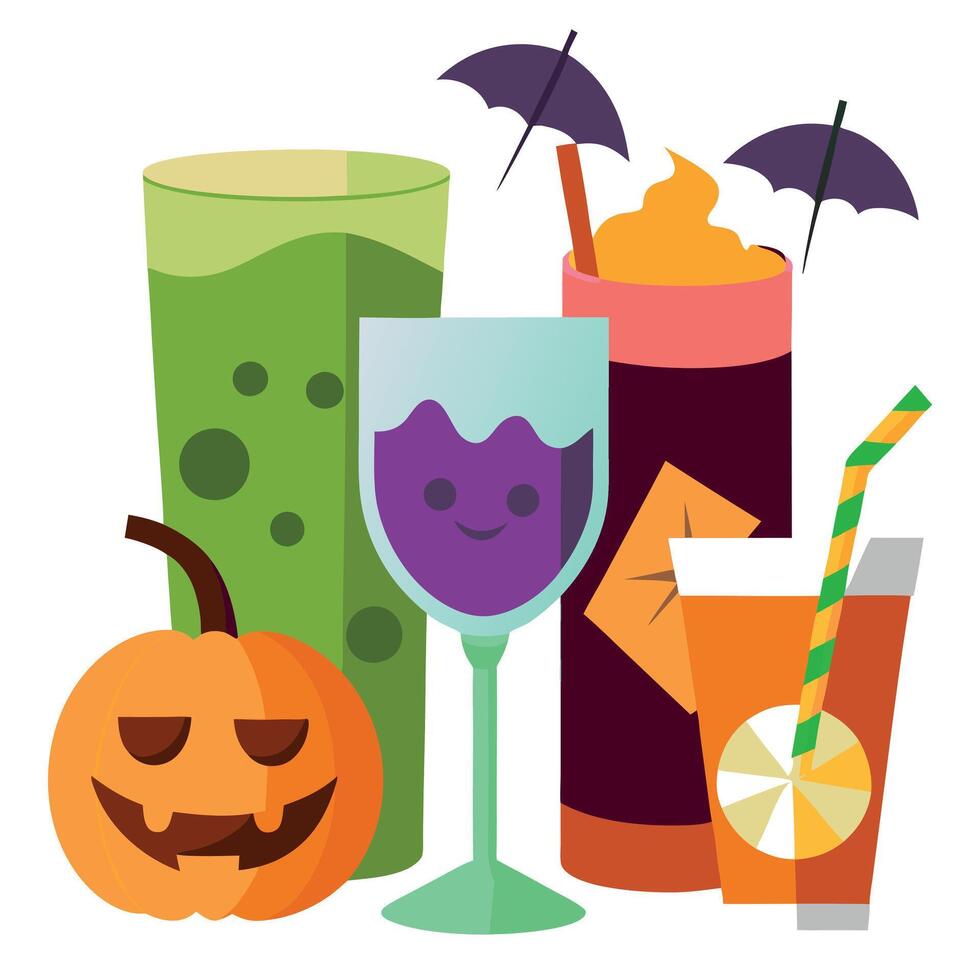 Halloween drinks and drinks with pumpkins and umbrellas vector