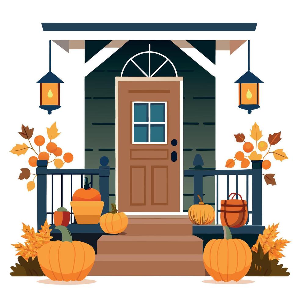 A house with pumpkins and lanterns on the porch vector