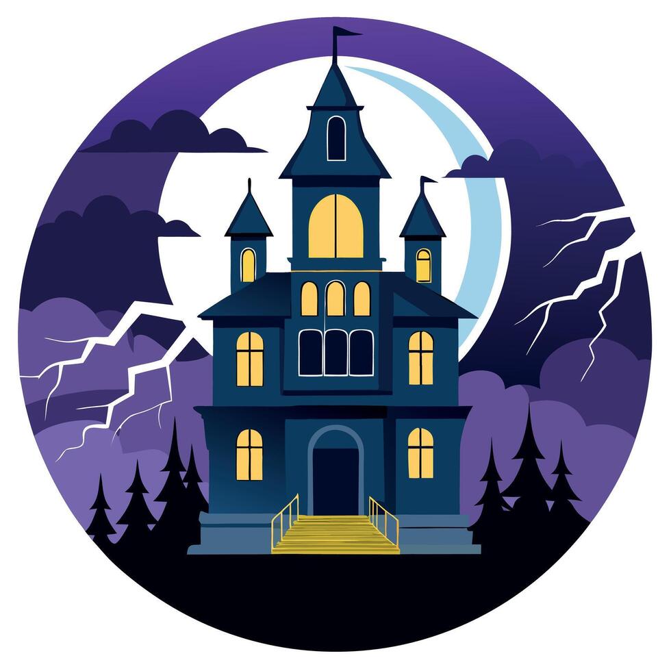 Halloween house with full moon and lightning illustration vector