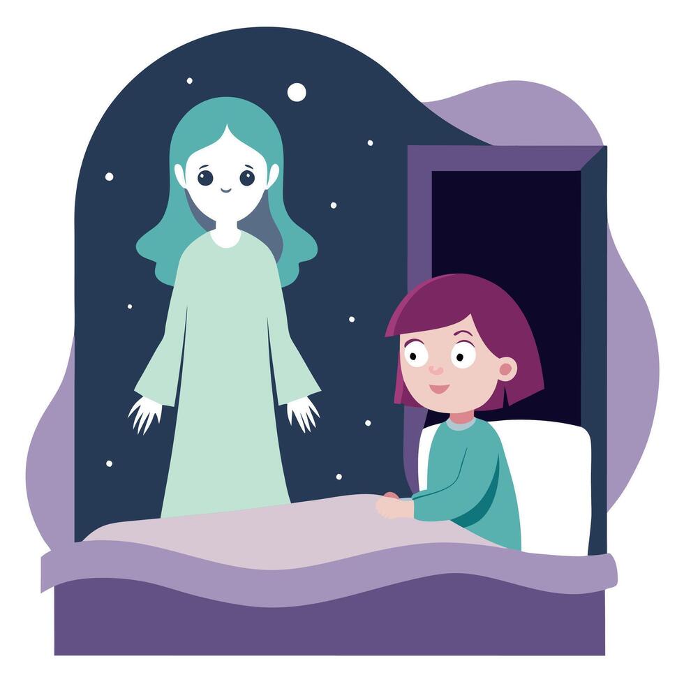 A girl is in bed with a ghost vector