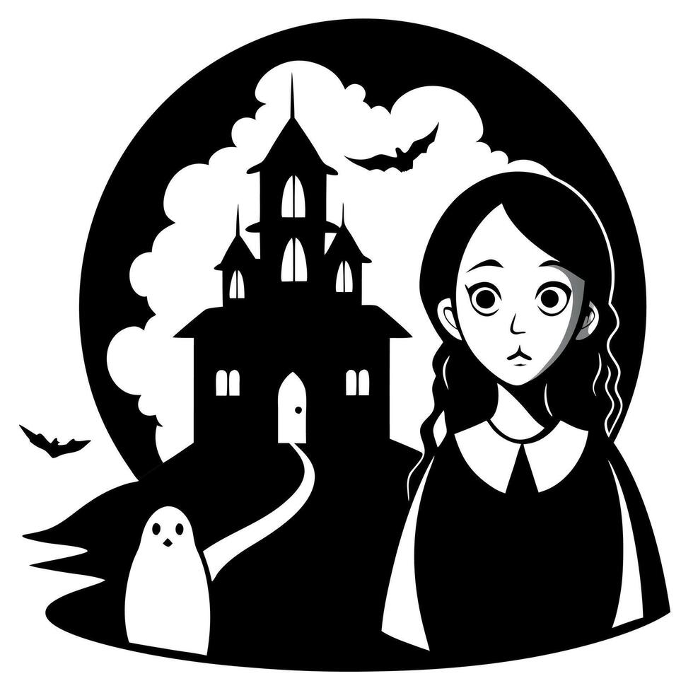 A black and white illustration of a girl and ghost in front of a haunted house vector
