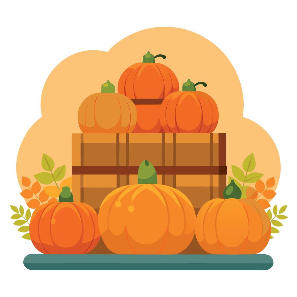 Pumpkins and leaves in a wooden crate vector