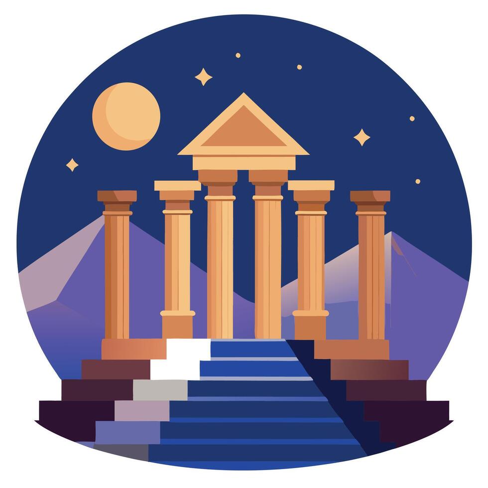 An illustration of a temple with pillars and a moon vector