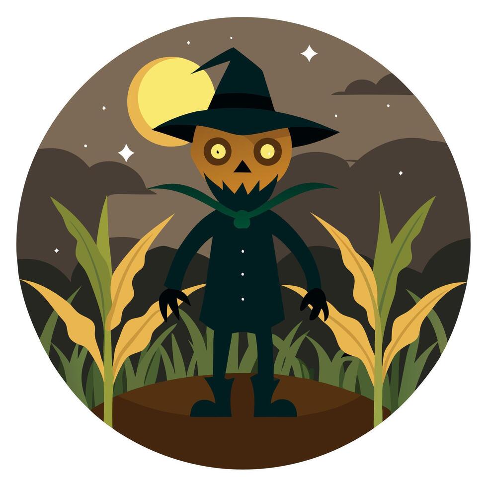 Scarecrow with pumpkin in the cornfield illustration vector
