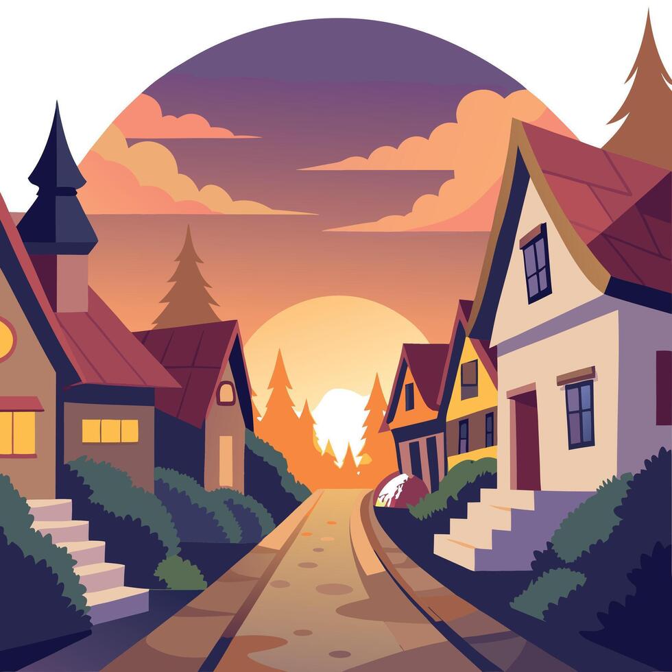 A cartoon illustration of a street with houses and trees vector
