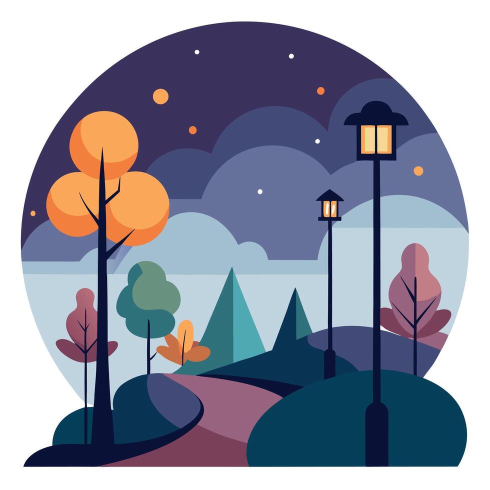 An illustration of a street with trees and street lights vector