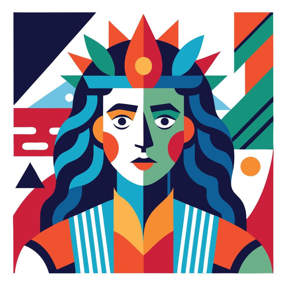 A woman with a crown on her head and colorful geometric shapes vector