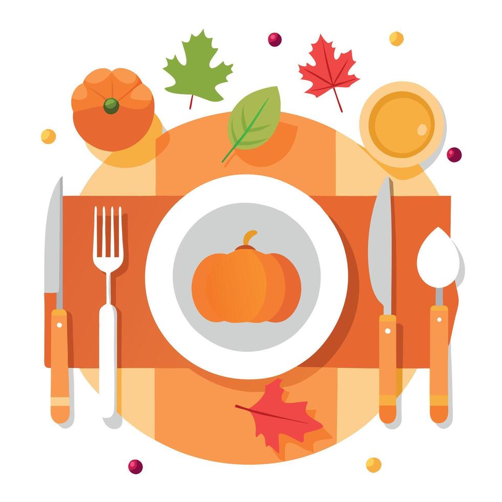 Thanksgiving table with pumpkin, fork, knife and spoon vector