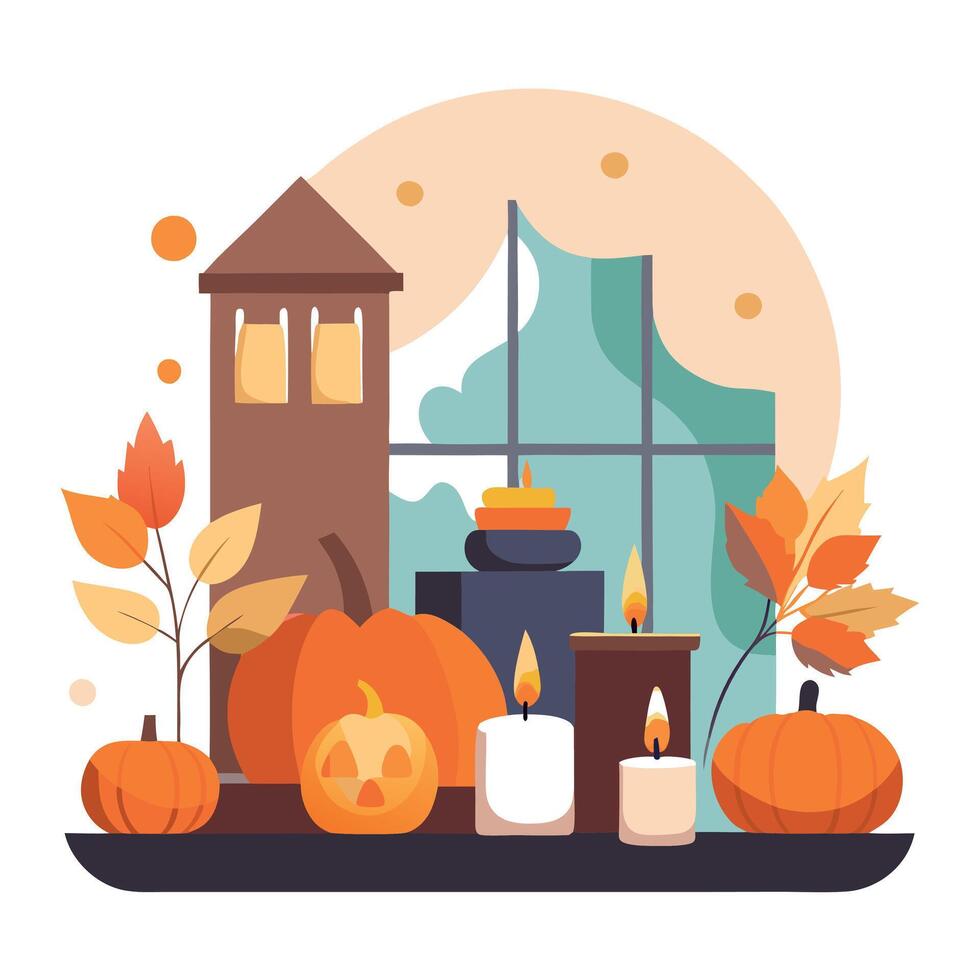 Halloween pumpkins and candles on a table vector