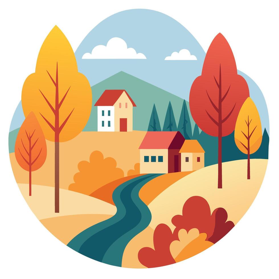 Autumn landscape with houses, trees and river vector