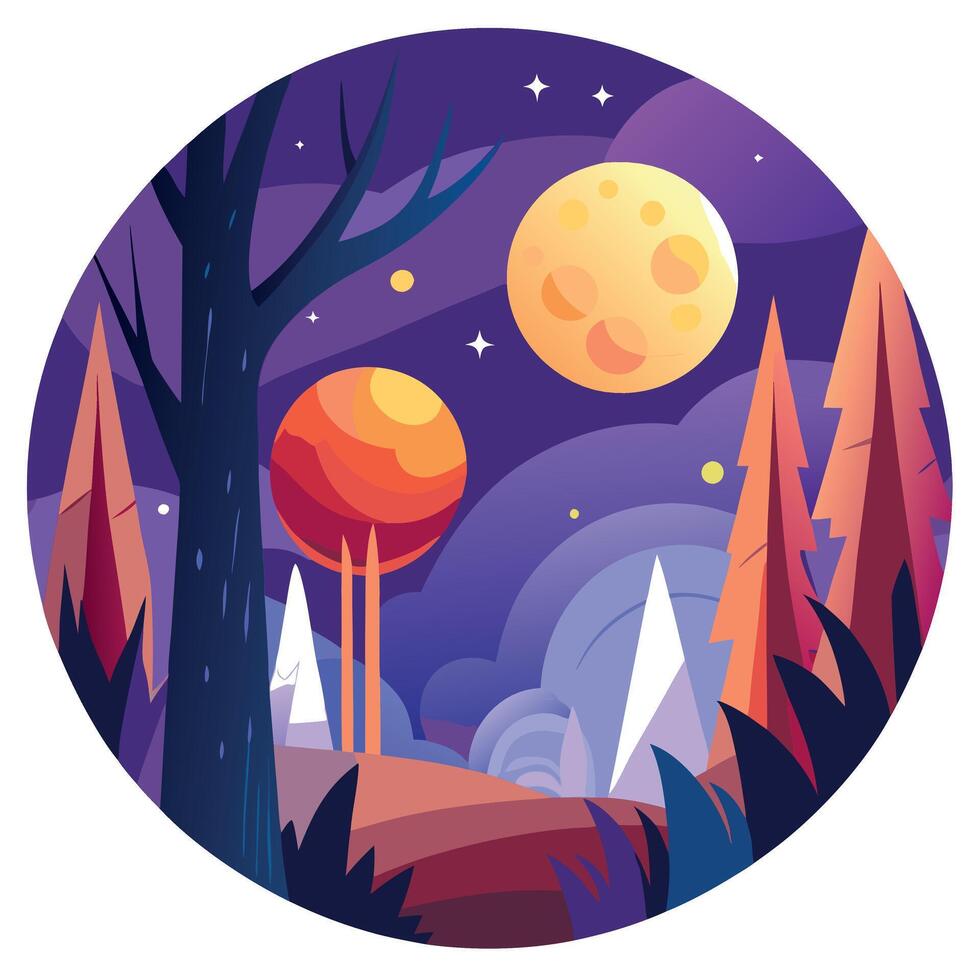A flat illustration of a forest and moon vector