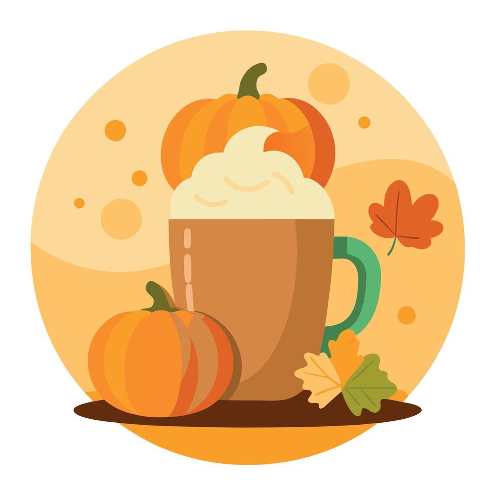 Pumpkin and coffee mug with whipped cream and leaves vector
