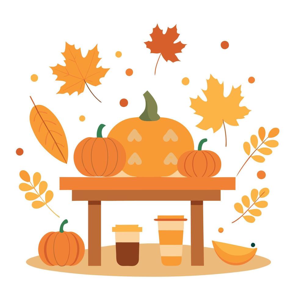 Pumpkin and leaves on a table with coffee vector