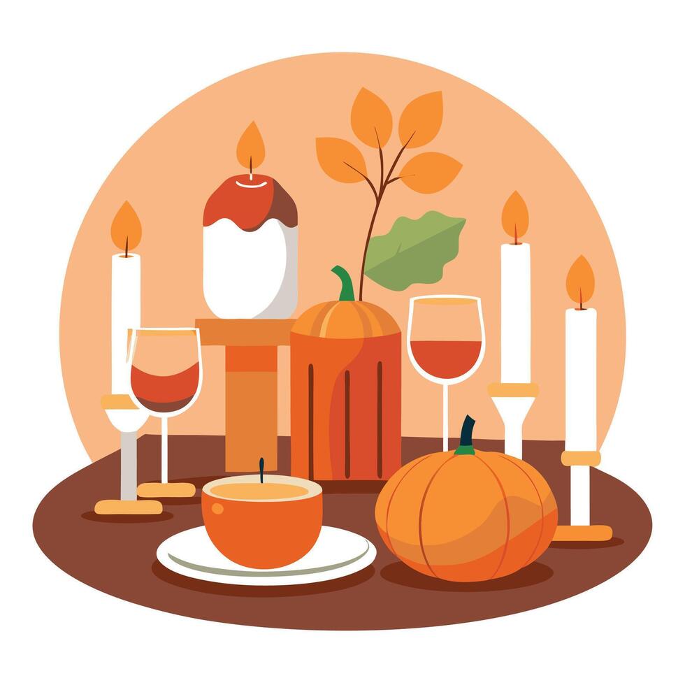 Thanksgiving dinner table with pumpkin, candles and wine vector