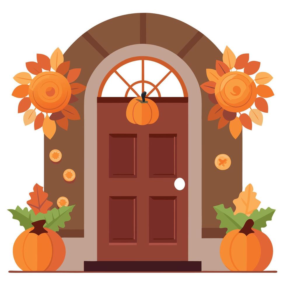 A door with pumpkins and flowers on it vector