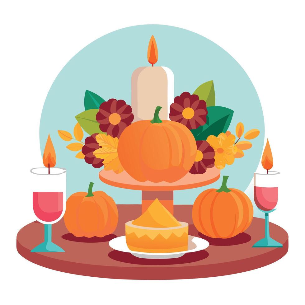 Thanksgiving table with pumpkin, candles and flowers vector