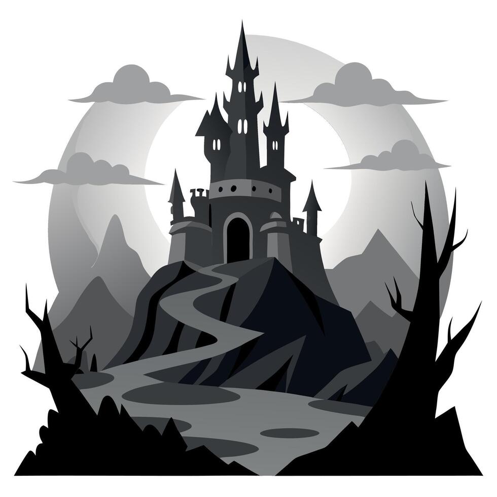 A castle in the woods with a full moon in the background vector