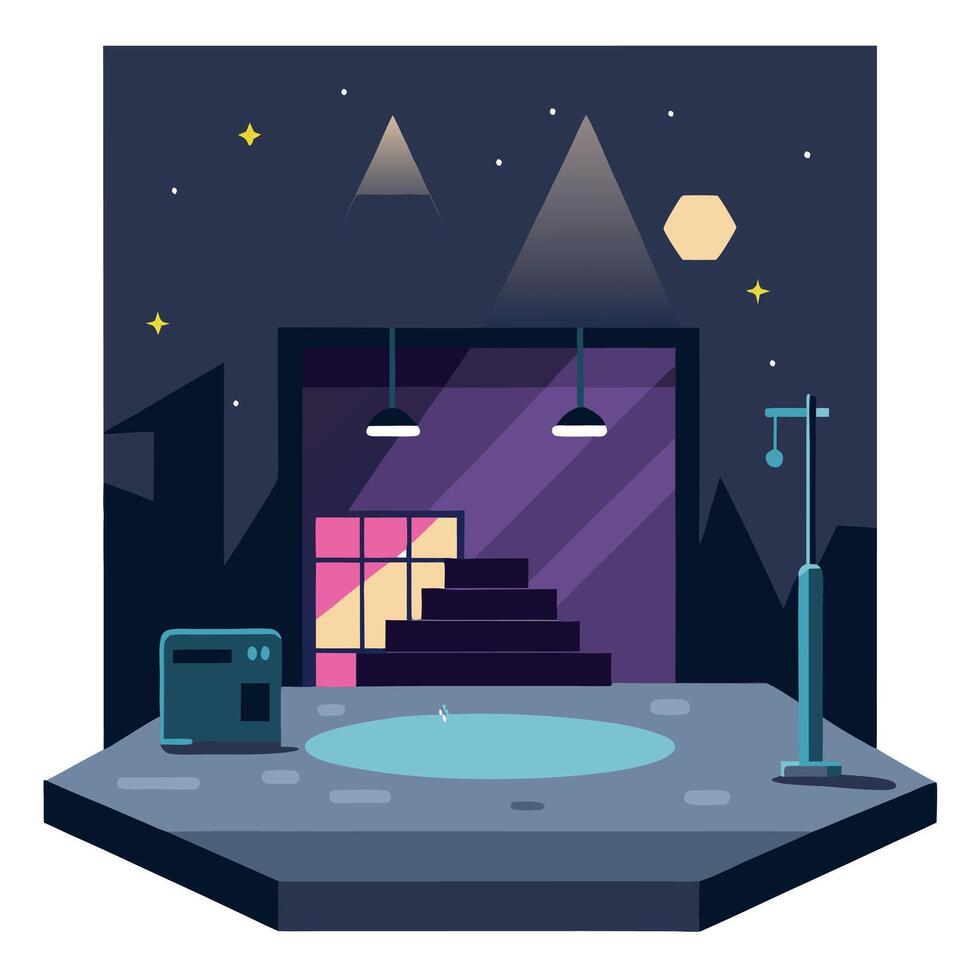 A room with a bed, a lamp and a window vector
