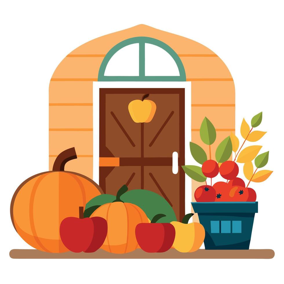 A door with apples and pumpkins on it vector