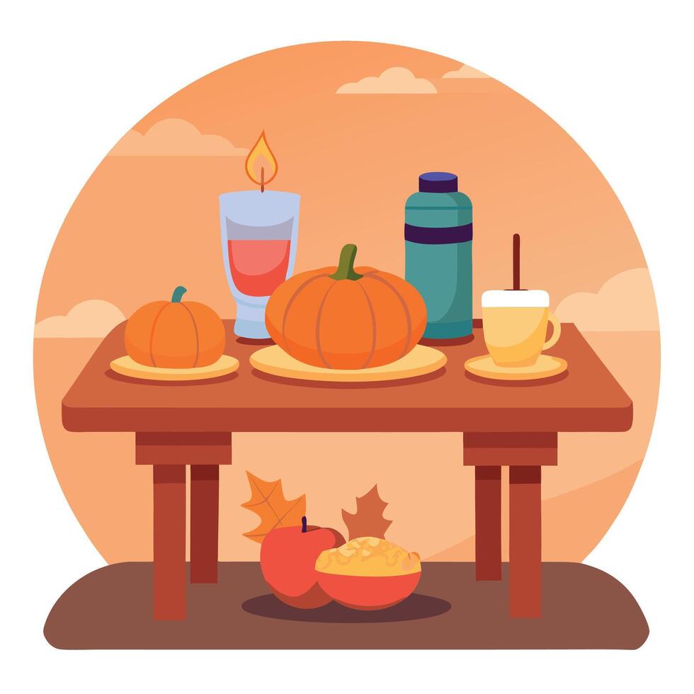 Thanksgiving table with pumpkins, apples, and a candle vector