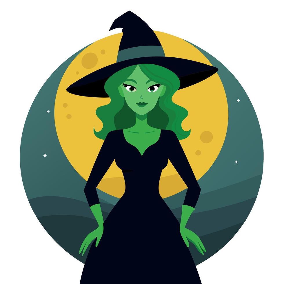 A cartoon witch with green hair and a hat vector